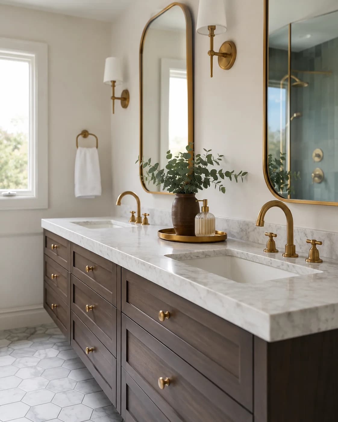 Bathroom double vanity with brass fixtures and dark wood cabinetry
