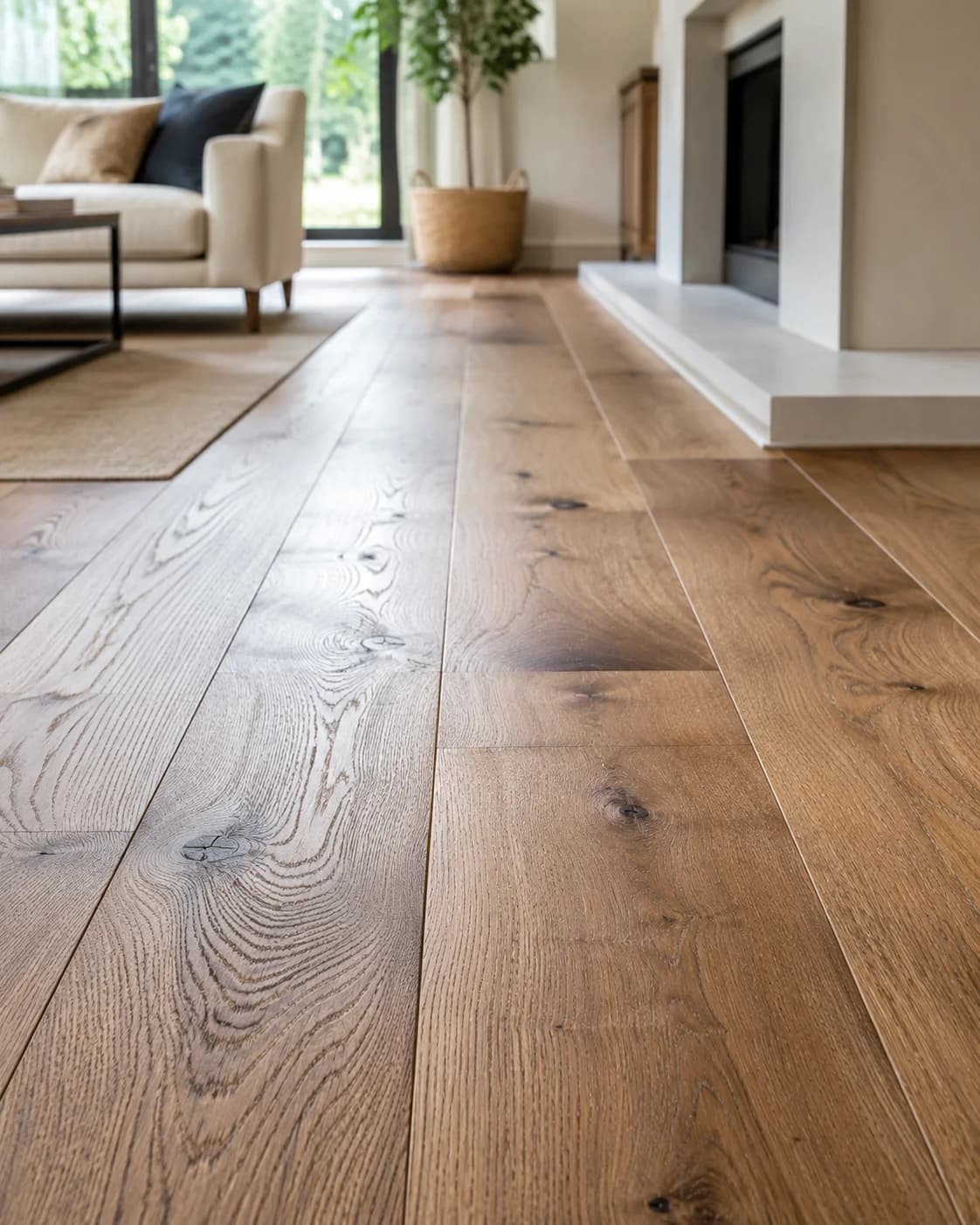 Close-up of wide-plank hardwood flooring showing natural wood grain