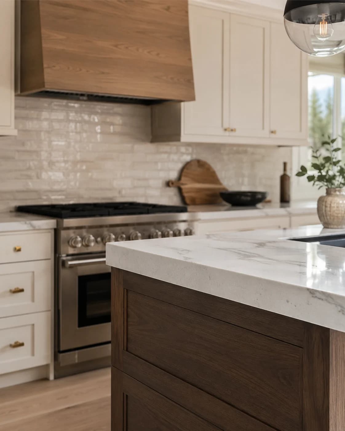 Kitchen with a dark wood island, quartz countertop and matching wood range hood